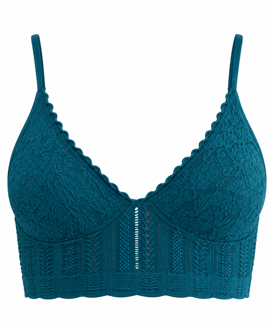 Trestles Clothing Company teal longline bralette with textured lace, V-neckline, and delicate lettuce-edge trim.